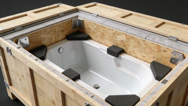 Diagram showing a bathtub inside an engineered crate with 6-point foam supports, plywood walls, metal corners, and moisture protection
