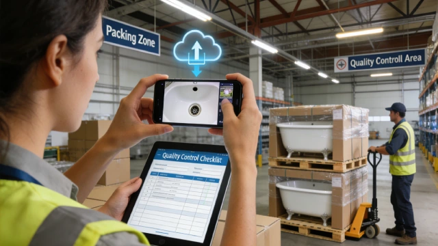 Illustration of real-time packaging quality control with photos being uploaded to cloud, ensuring consistency and buyer confidence
