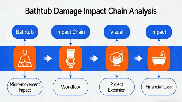 Flow chart illustrating how a single damaged bathtub causes delays, subcontractor rescheduling, and financial losses