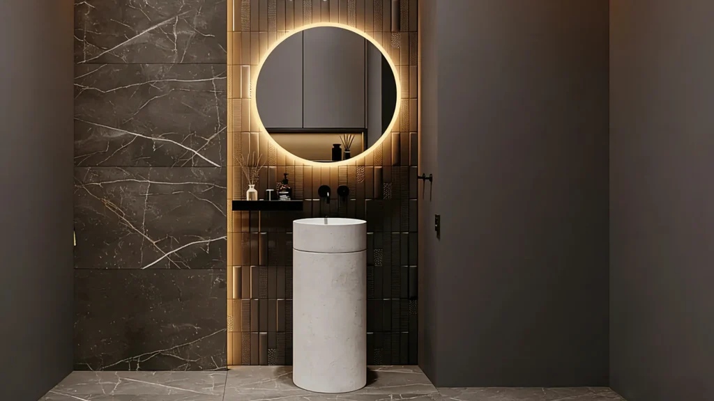 Sculptural glossy porcelain pedestal sink in a luxury hotel bathroom with integrated wall-mounted shelf — elegant, compact and easy to maintain.