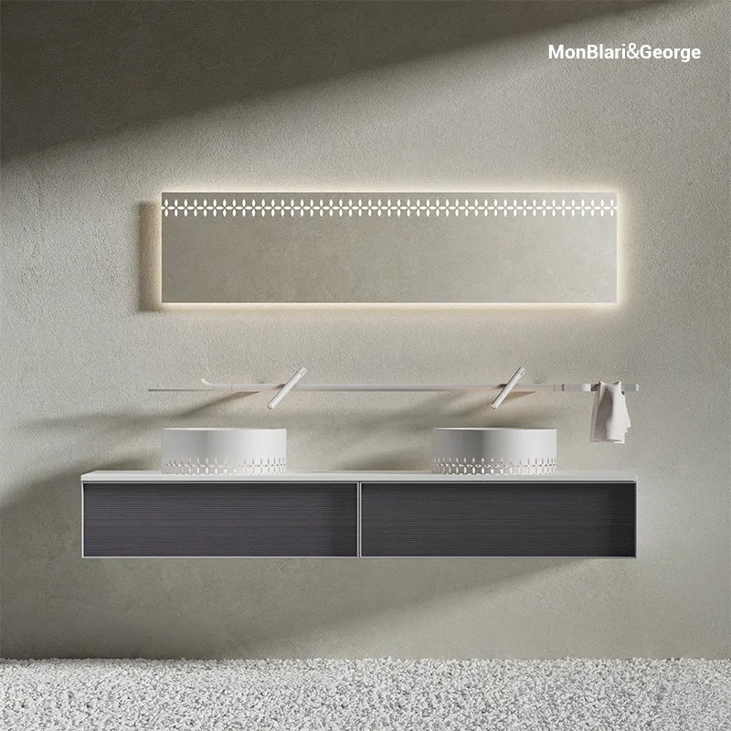 Monblari LINGLONG Series L-V0832 Minimalist White Bathroom Floating Cabinet with Countertop Basins