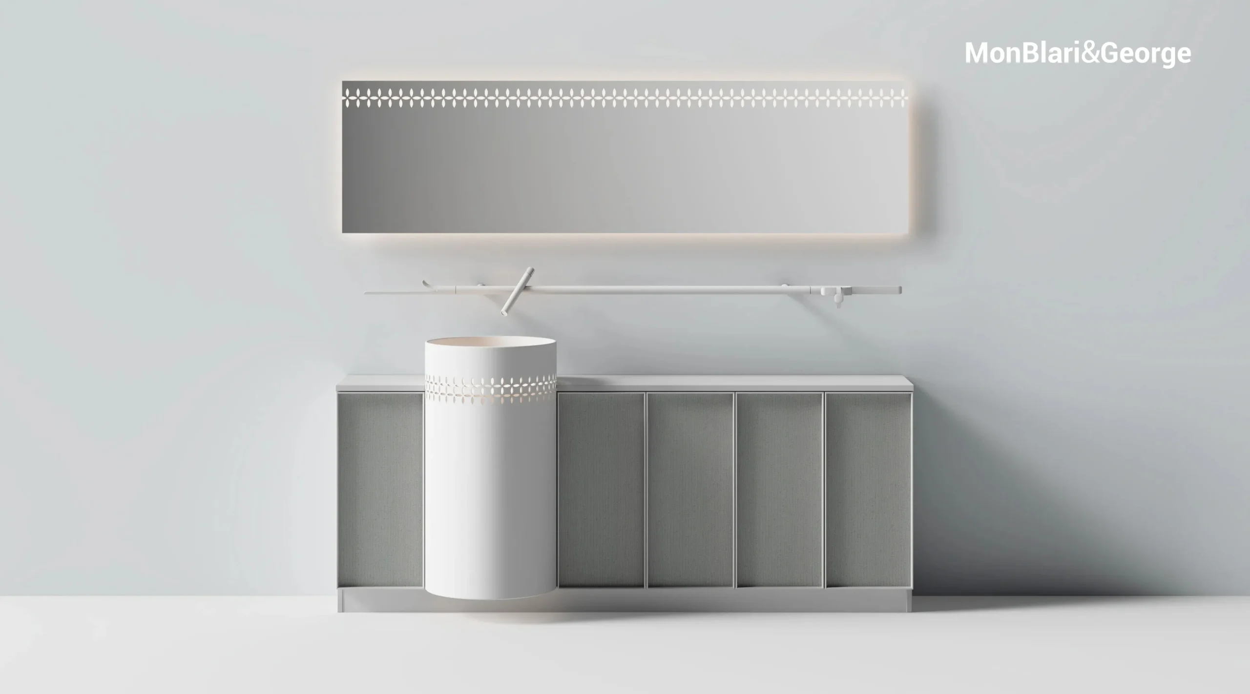 MonBlari LINGLONG Series L-V0838 Minimalist Bathroom Freestanding Cabinet Set with Artificial Stone Panel, Mirror, Pedestal Sink