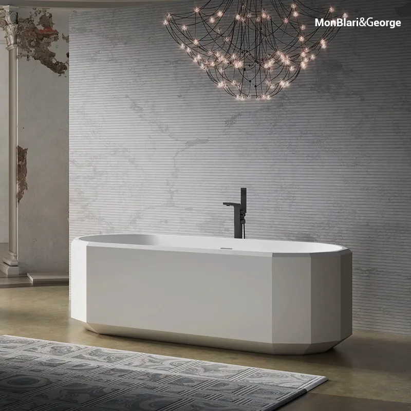 MonBlari BERYL Freestanding Bathtub | Matte White Solid Surface | Geometric Diamond Design | H-MR-86601