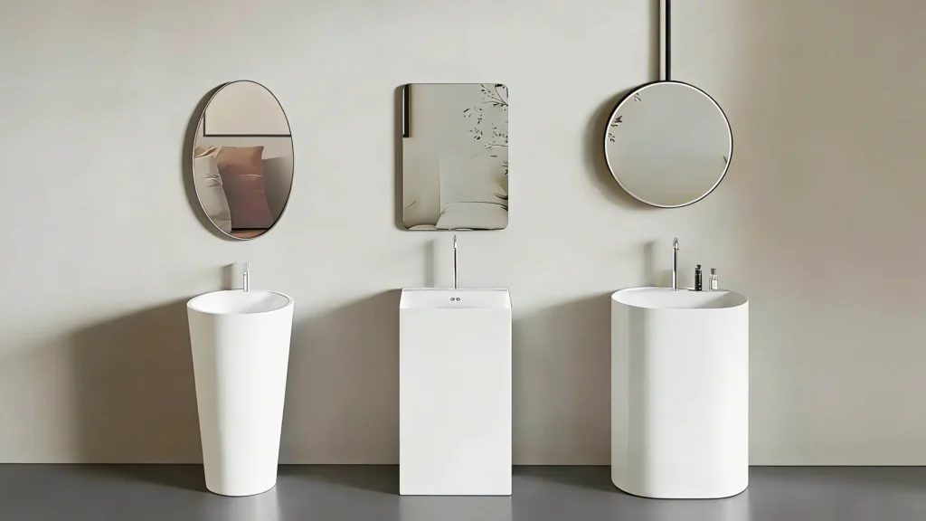 Oval mirror above a sculptural pedestal sink in a luxury hotel bathroom — balances proportions, softens lines, and draws the eye upward.