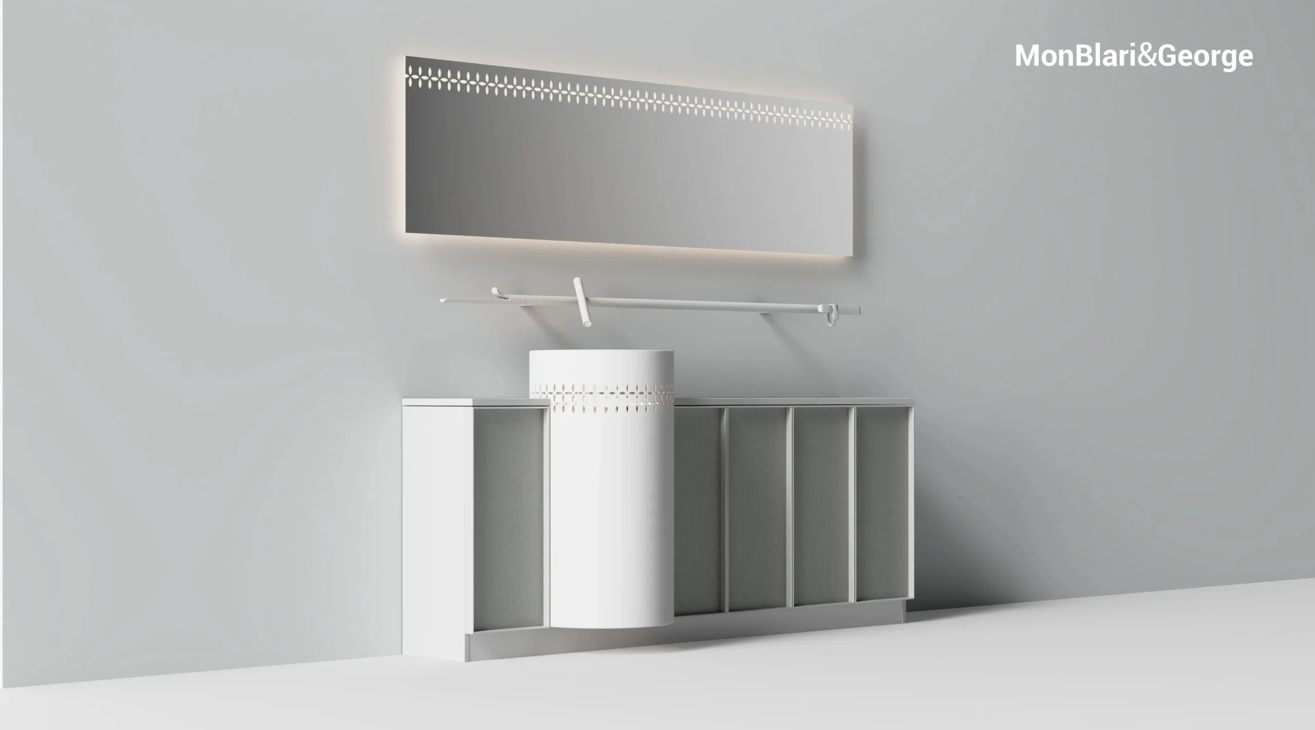 MonBlari LINGLONG Series L-V0838 Minimalist Bathroom Freestanding Cabinet Set with Artificial Stone Panel, Mirror, Pedestal Sink