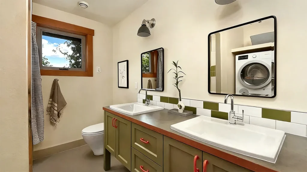 Laminate bathroom countertop in a budget hotel bathroom, showcasing an affordable surface with a wide range of patterns.