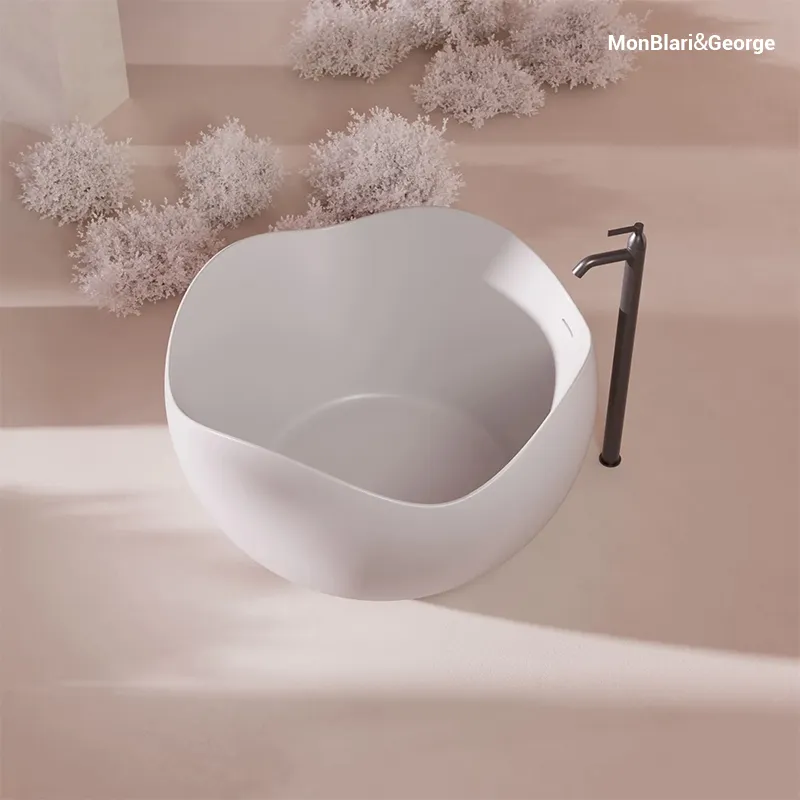 H-0812 White bathtub, featuring a curved petal-shaped interior design, made of high-density artificial stone material, from the Floral series.