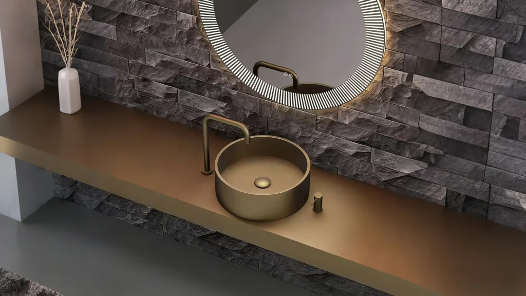 Bathroom sink drain made from smooth, non-porous material with clean flange and overflow, reducing bio-film buildup that causes sewer smells.