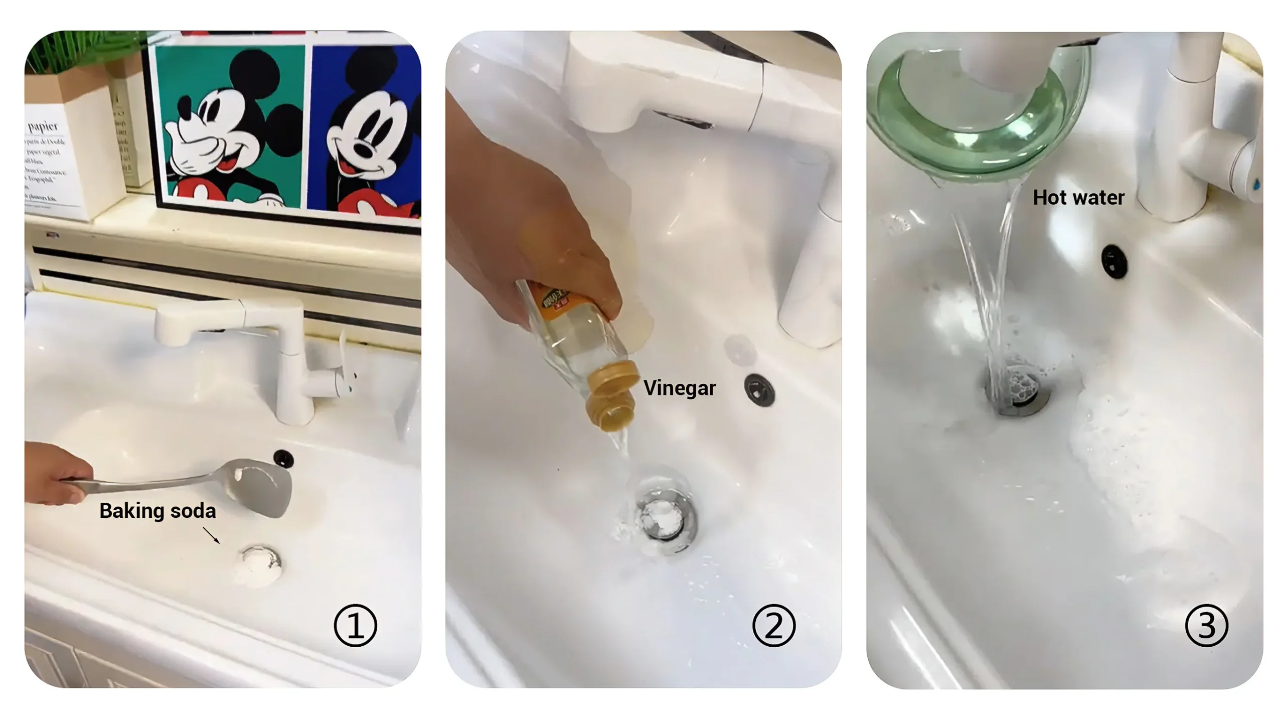 Housekeeping staff pouring baking soda and vinegar into a bathroom sink drain, then flushing with hot water to quickly remove bad odors.