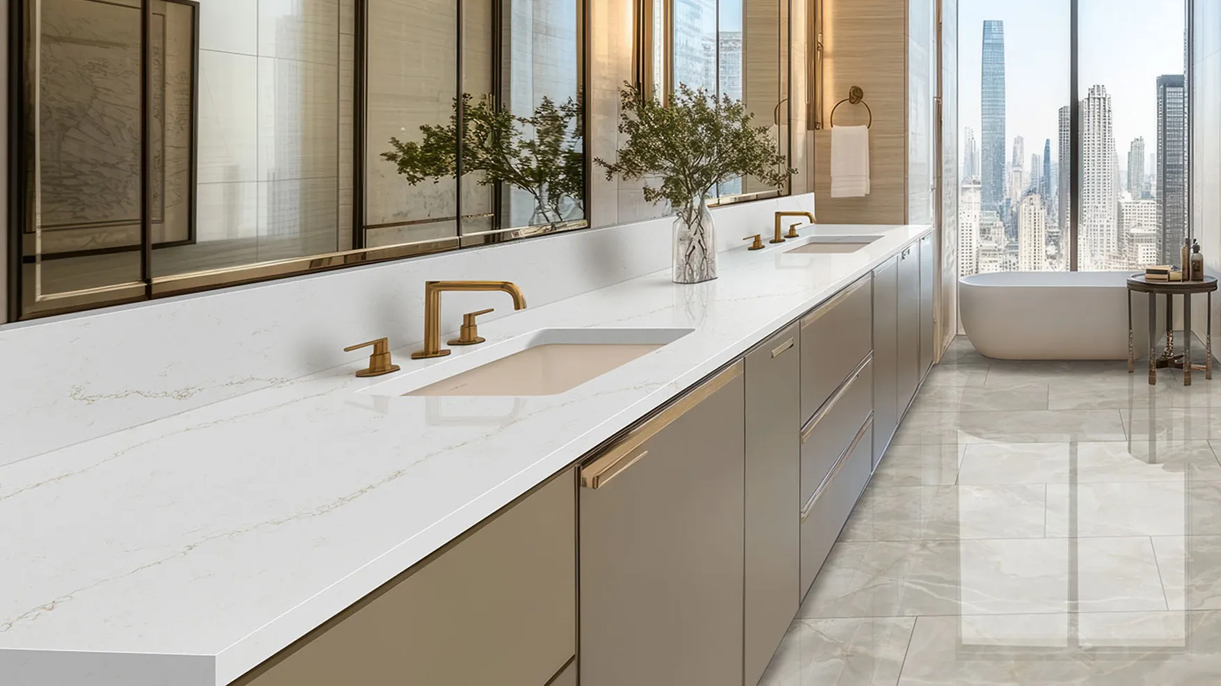 Calacatta quartz bathroom countertop with subtle, realistic veining, offering a luxurious, low-maintenance alternative to real marble in hotels.