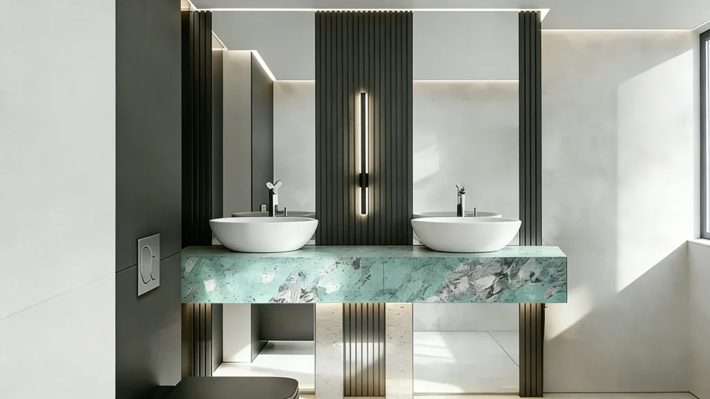 Deep blue and forest green quartz bathroom countertops used as bold feature accents in hotel lobby restrooms or presidential suites.