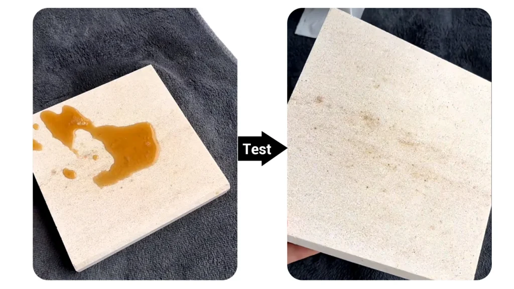 Inspecting affordable bathroom countertop samples for consistent thickness and finish, with stain testing and quality checks before bulk hotel production.