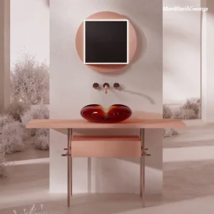MonBlari FLOWER H-V0811-1 Pink Bathroom Vanity, featuring a petal-shaped glass sink and a round LED mirror.