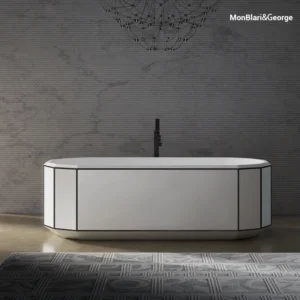 MonBlari BERYL Series: Architectural Diamond-Faceted Bathtub with Black Accent Rim - Luxury Stone Resin (MR-86611)