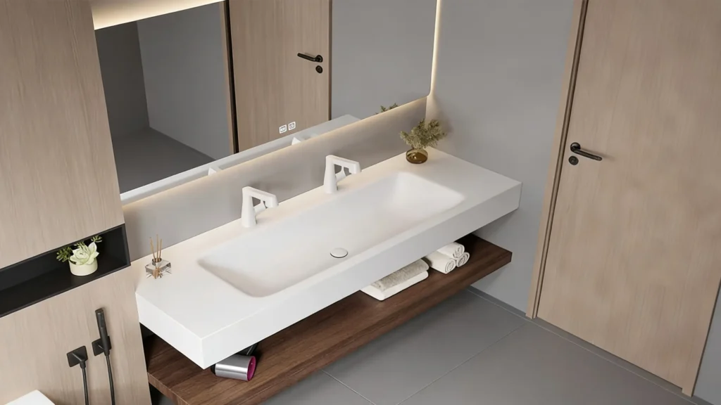 Premium bathroom sink with smooth, scratch-resistant non-porous surface around drain and overflow, reducing bacteria and rotten egg odors.