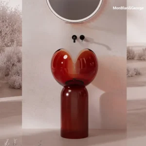 Petal-Shaped Red Glass Pedestal Vessel Sink — Modern Sculptural Bathroom Basin, Model H-Z0812T