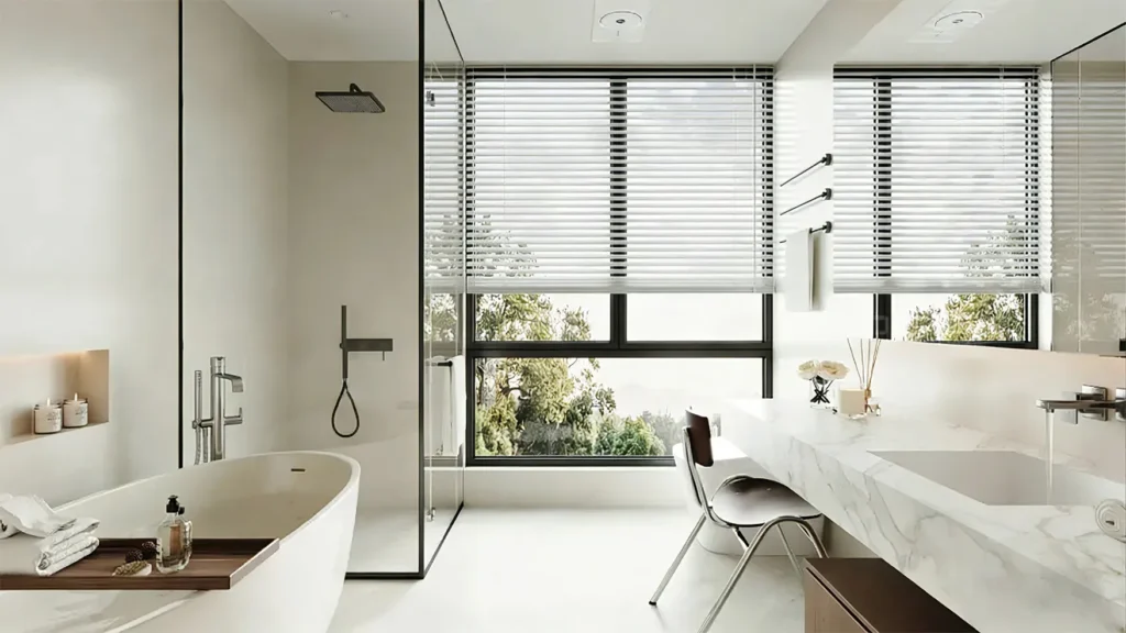 Consistent Calacatta quartz bathroom countertops in a hotel project, ensuring uniform color and veining across hundreds of rooms.