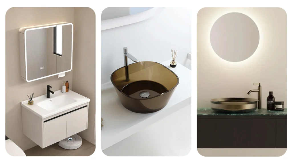 High-end bathroom sinks made from vitreous china, solid surface resin, copper, and stainless steel, chosen for hygiene and odor resistance.