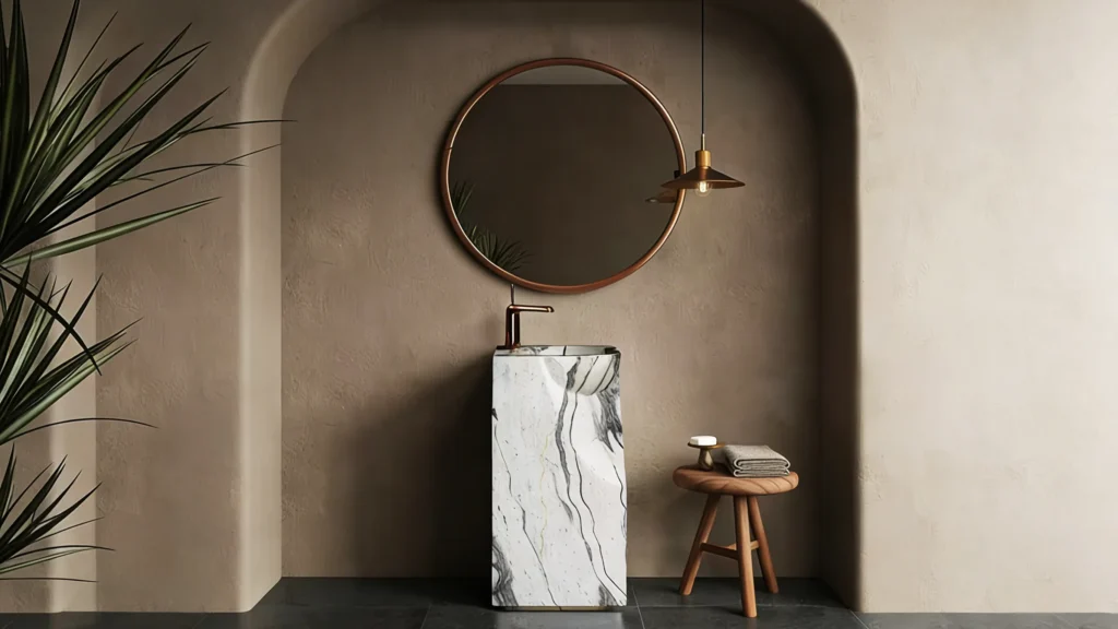 Statement marble pedestal sink in a luxury half bathroom — artistic focal point with dramatic finish and sculptural form.