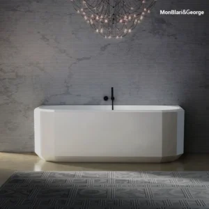 MonBlari BERYL Series Solid Surface Wall-Mounted Bathtub - Matte White Geometric Back-to-Wall Soaking Tub | MR-86606