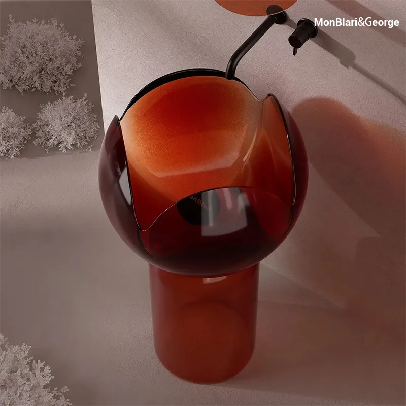 Petal-shaped sculptural vessel sink with translucent resin material, featuring soft flower-inspired contours that glow under ambient bathroom lighting.