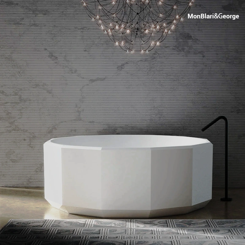 A sculptural, diamond-cut bathtub in a modern architectural setting, featuring precise faceted planes that create a dramatic interplay of light, shadow, and reflection.