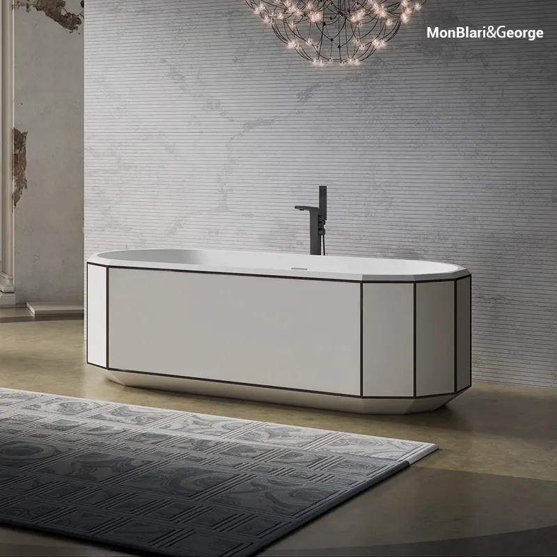 A sculptural modern bathtub with a diamond-cut, faceted exterior featuring angular surfaces that reflect light, accented by a sharp matte black rim outlines its geometric silhouette.