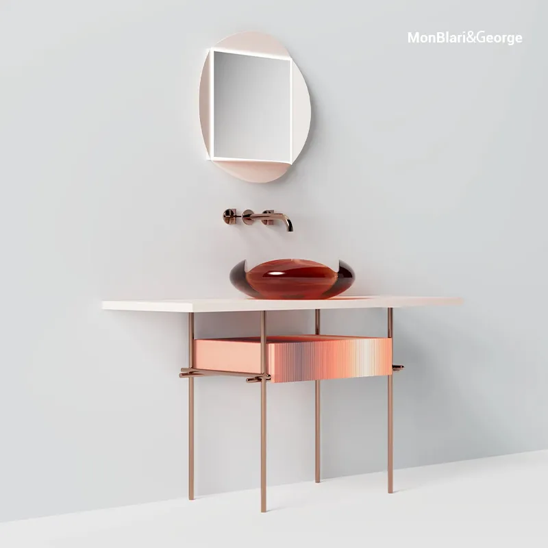 Sculptural flower-inspired bathroom basin with tulip-like contours and square base, paired with a vanity drawer using GRASS slide system for smooth operation.