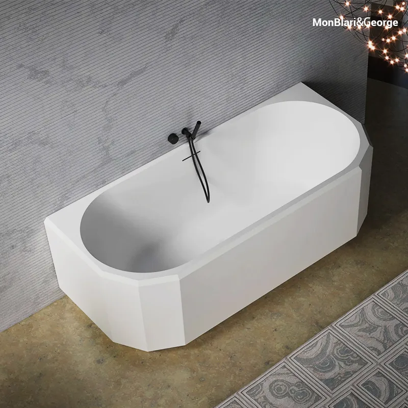 Space-saving back-to-wall bathtub crafted from high-density solid surface material, featuring a sleek one-piece design and a modern "floating" aesthetic.