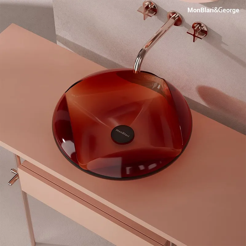 Wine-amber translucent resin bathroom basin with jewel-like depth, part of the award-winning FLOWER series recognized by the 2025 MUSE Design Awards.