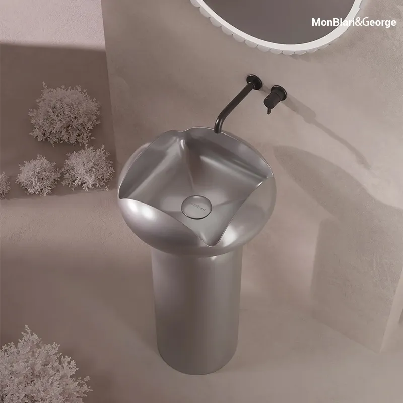 Eco-friendly, odorless solid surface washbasin shown in multiple finishes, including Titanium Grey, Pink, Pink & Grey Green, and White for versatile modern bathroom design. Select 76 more words to run Humanizer.