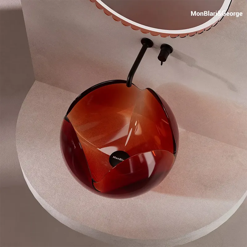 Wine Amber resin basin displaying dynamic color shifts and warmth under different lighting conditions.