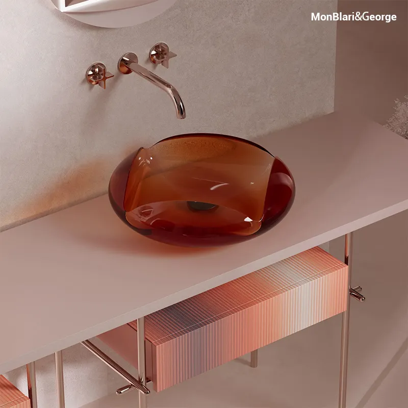 Bathroom vanity with FSC-certified ALPI Italian wood-veneer countertop and non-porous acrylic surface, combining natural grain with easy-care durability.