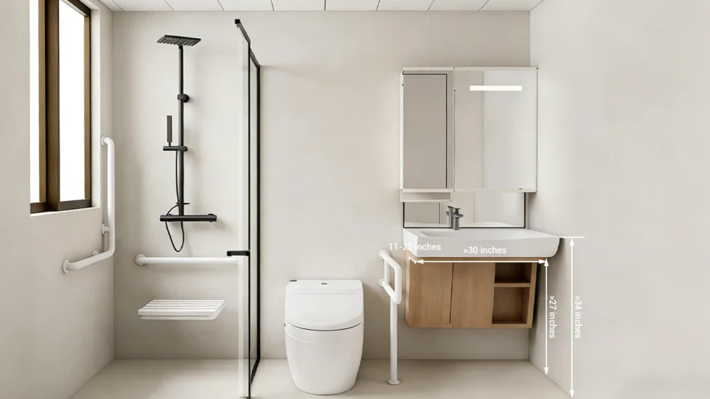 Diagram of standard ADA vanity dimensions showing 34-inch max height and 27-inch knee clearance for accessible hotel bathrooms.