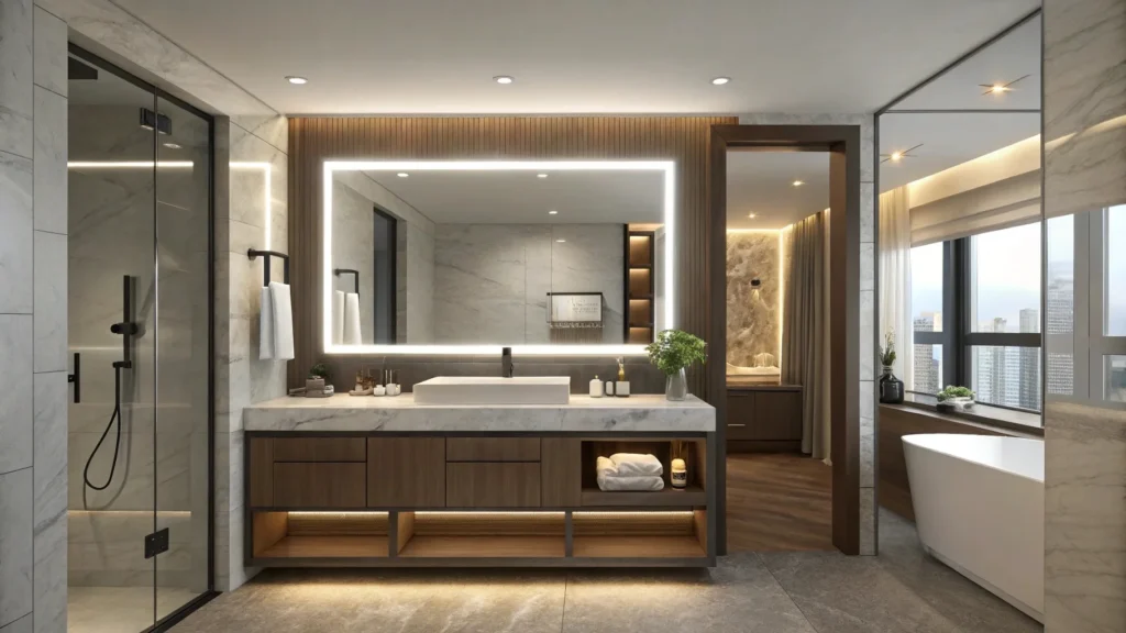 Modern 2025 hotel bathroom vanity featuring a sleek floating cabinet, durable quartz countertop, and smart backlit LED mirror for hospitality projects.
