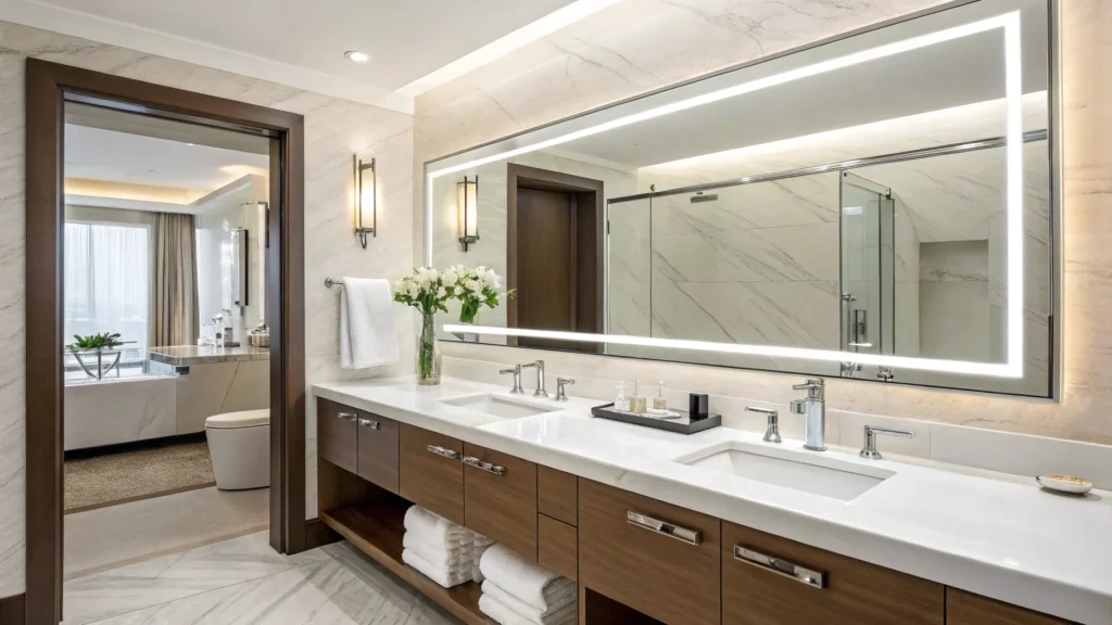 Full-slab quartz bathroom vanity backsplash for hotel projects to prevent mold and water damage.