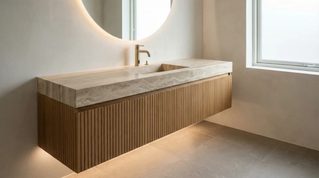 Modern floating bathroom vanity featuring fluted wood texture and natural stone countertop for luxury hotels.