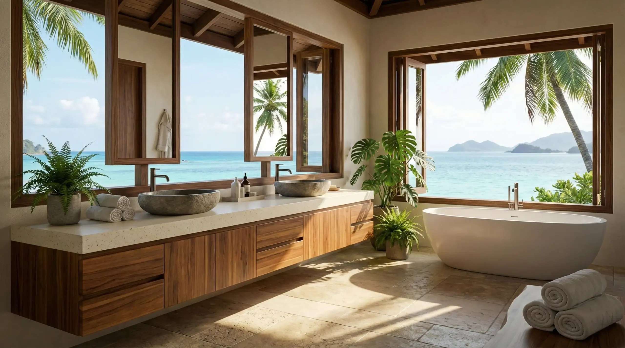 Moisture-resistant resort bathroom vanities with organic designs for coastal villas