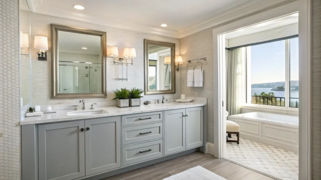 Compact hotel bathroom featuring a light grey vanity to create a spacious and airy feel for guests.