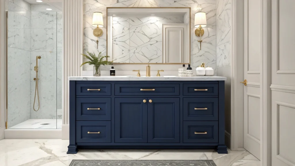 Premium navy blue vanity in a luxury hotel bathroom, signaling elegance and sophisticated design.