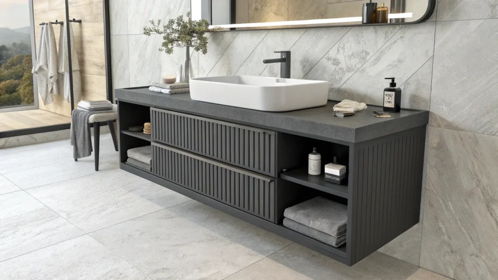 Modern space-saving floating vanity with integrated quartz sink designed for hygienic and easy-to-clean hotel bathrooms.