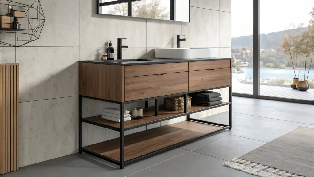Minimalist contemporary bathroom vanity featuring mixed wood and metal textures.
