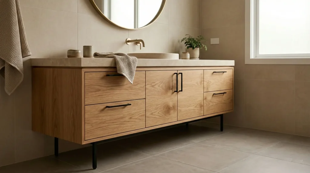 Warm Minimalist floating bathroom vanity with natural wood finish for premium hotel suites.