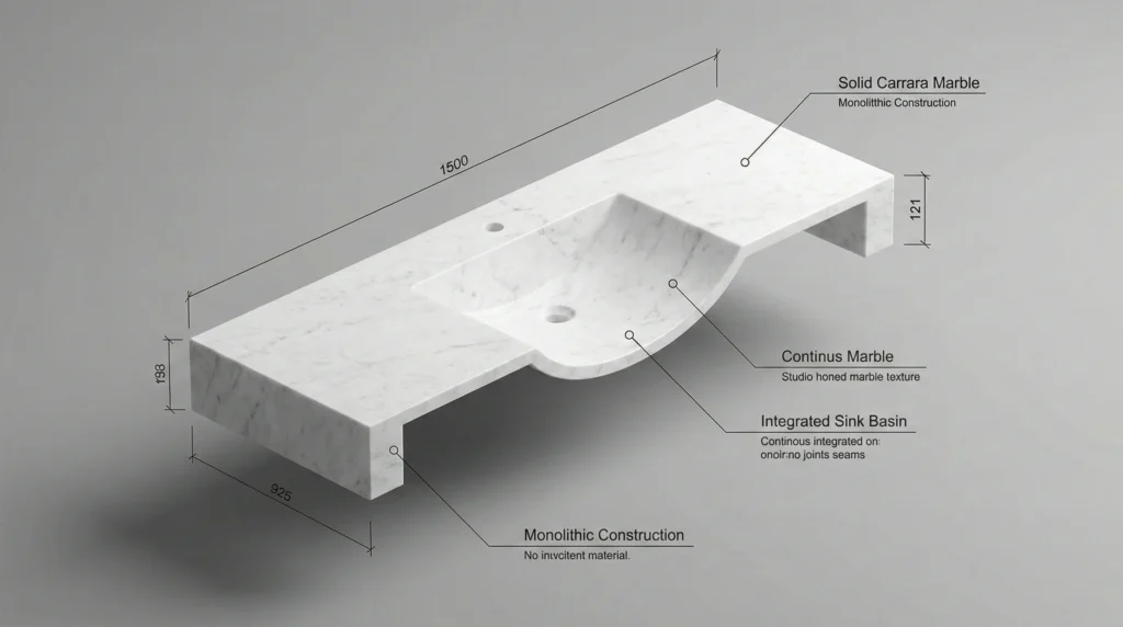 One-piece integrated sink countertop installation that saves labor costs by eliminating on-site cutting and gluing.