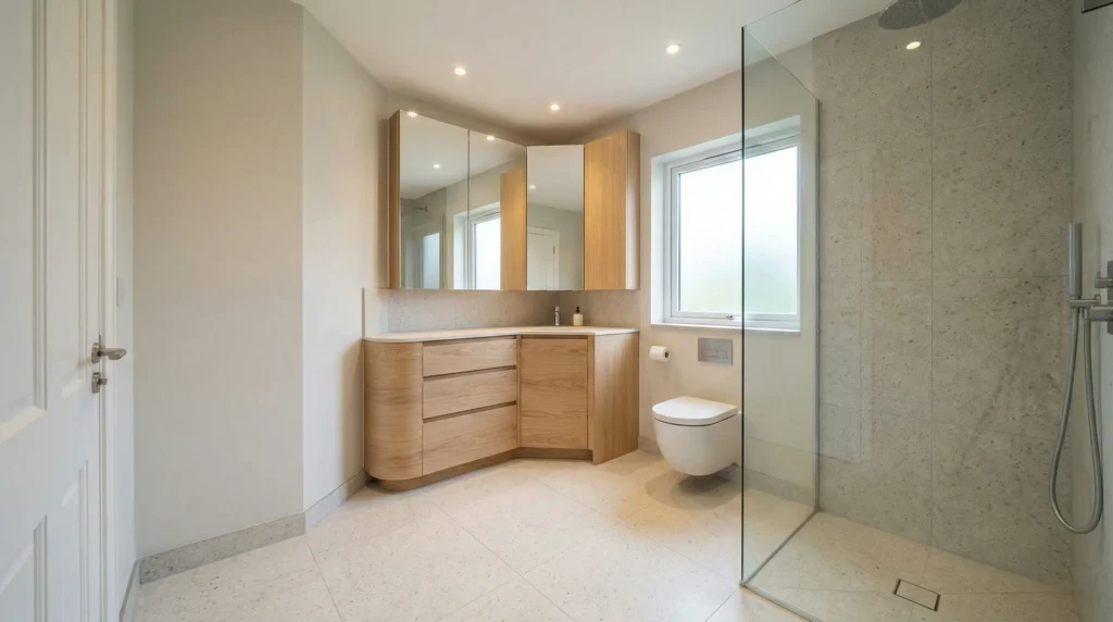 Corner vanity tucked into the edge of a small hotel bathroom to open up floor space.