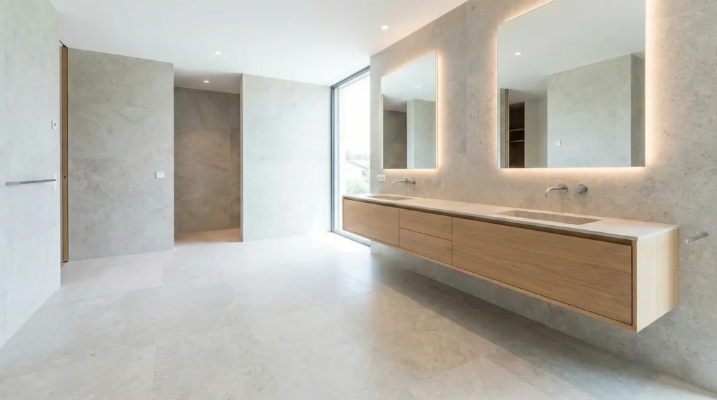 Spacious hotel bathroom featuring bathroom double vanity decorating ideas with an optimized, functional layout.
