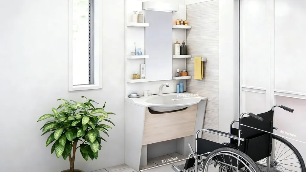 Diagram illustrating ADA sink clearance requirements, showing the critical 30x48 inch clear floor space next to the side wall for wheelchair maneuvering.