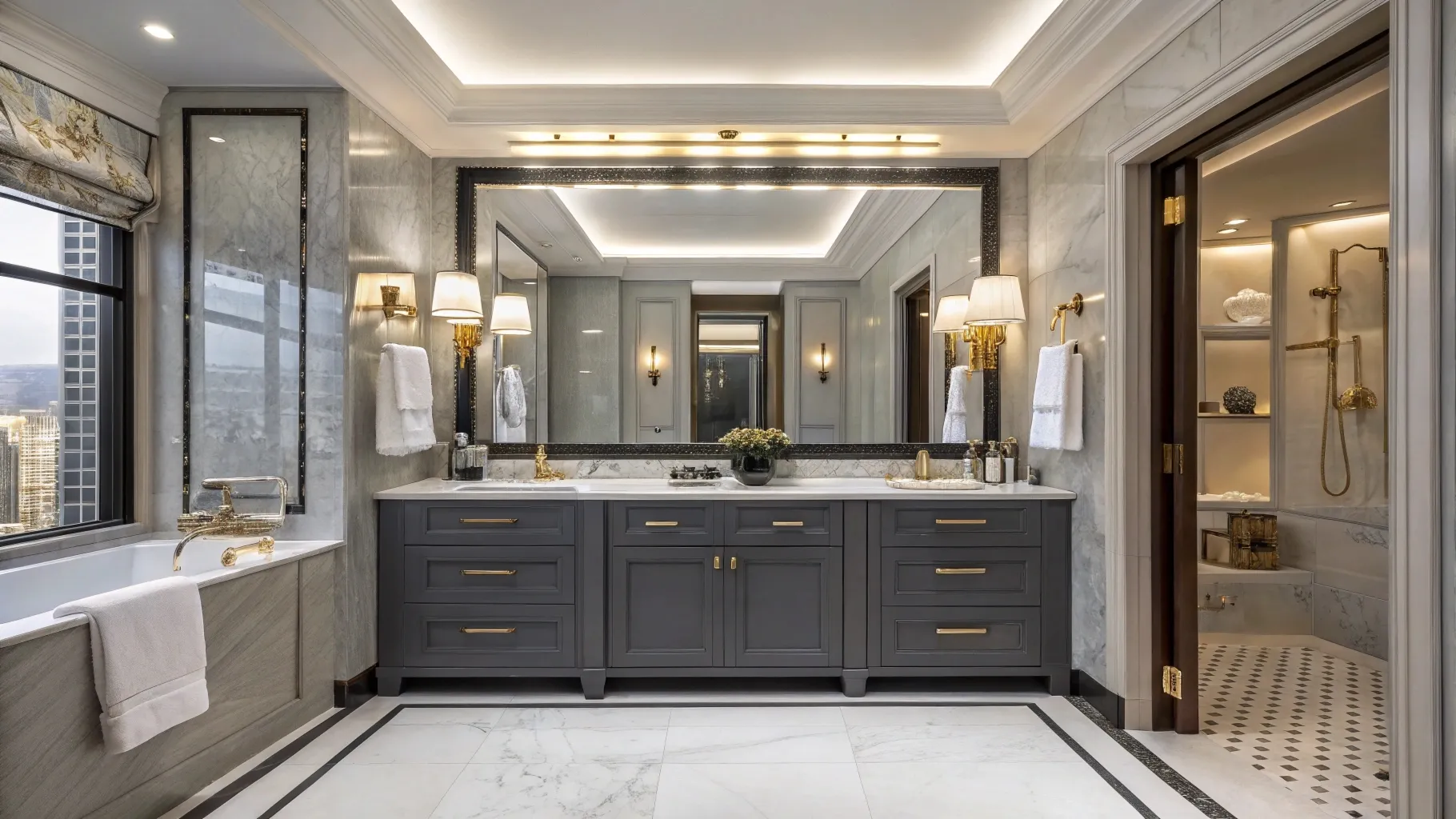 Sophisticated dark grey vanity in a spacious luxury hotel suite bathroom, creating a high-contrast premium look.