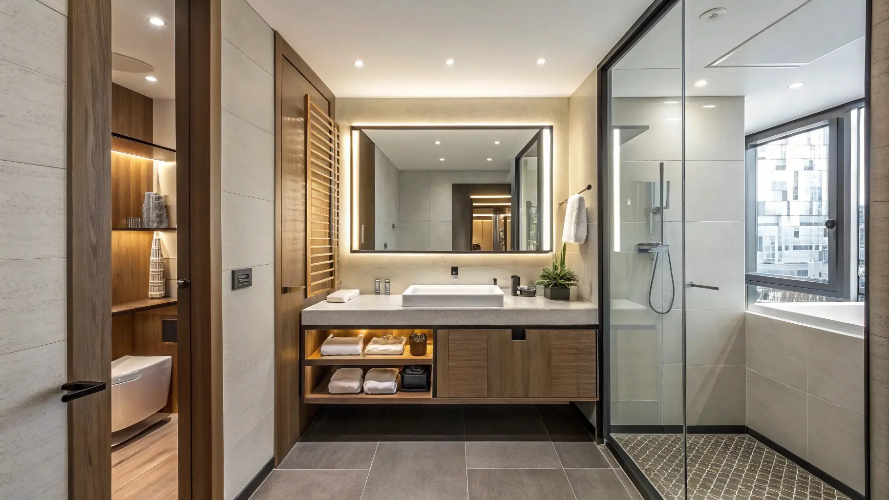 Compact floating vanity paired with a full-wall mirror to visually expand space and maximize light in small hotel bathrooms.