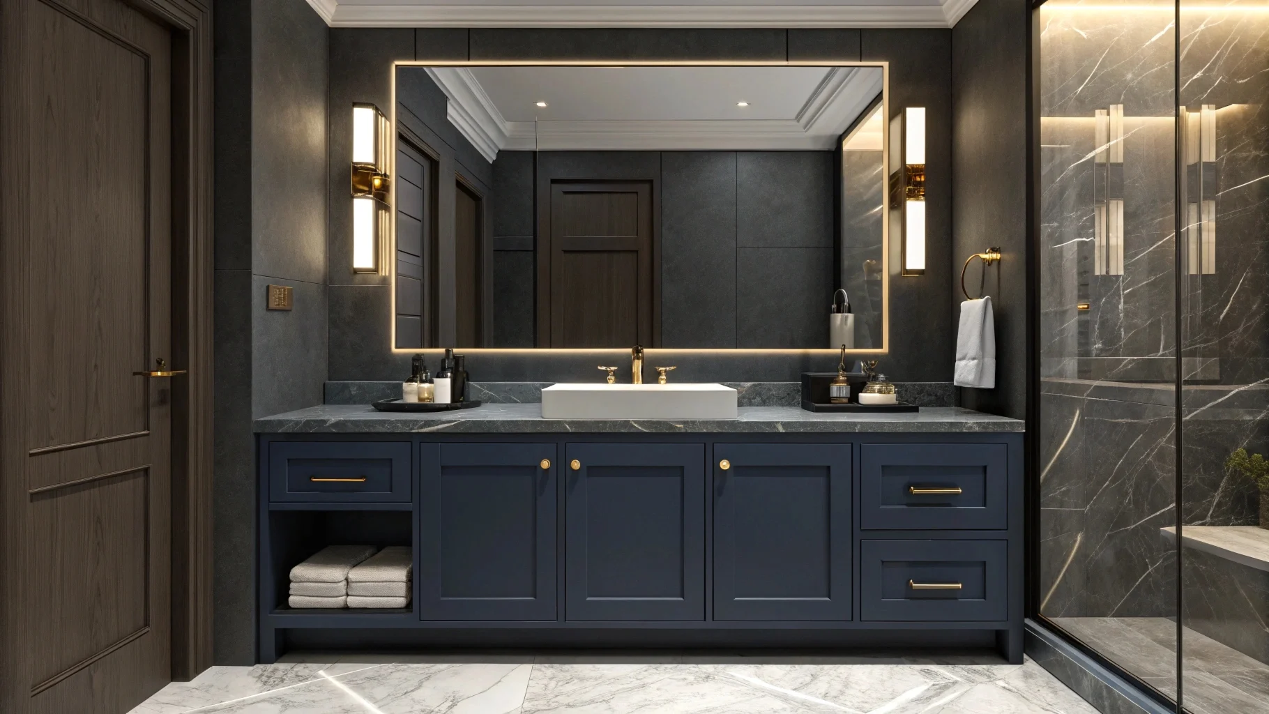 Dark vanity bathroom idea featuring charcoal moisture-resistant wood and sintered stone top.